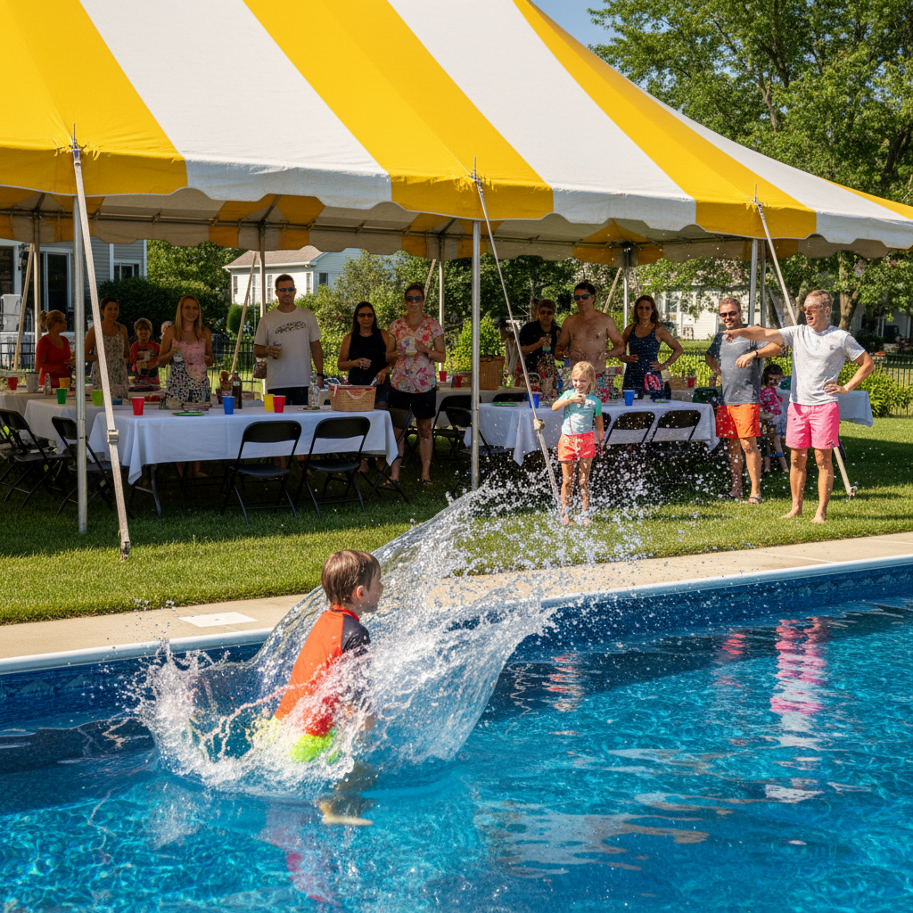 Yellow and white striped party tent rental over a backyard pool party with tables, chairs and guests in Flint MI